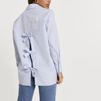 Blue bow tie back long sleeve shirt