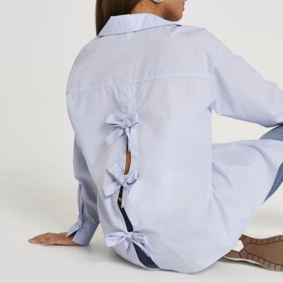 Blue bow tie back long sleeve shirt
