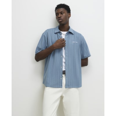 Blue Boxy Fit Stripe Short Sleeve Shirt