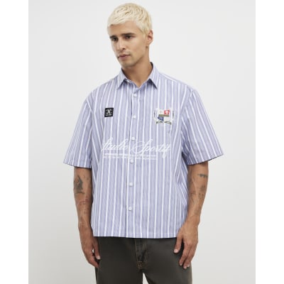 Blue Boxy Fit Striped Badge Shirt