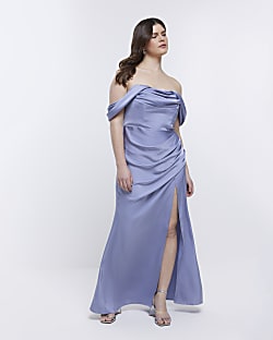 Blue Bridesmaid Bardot Maxi Dress