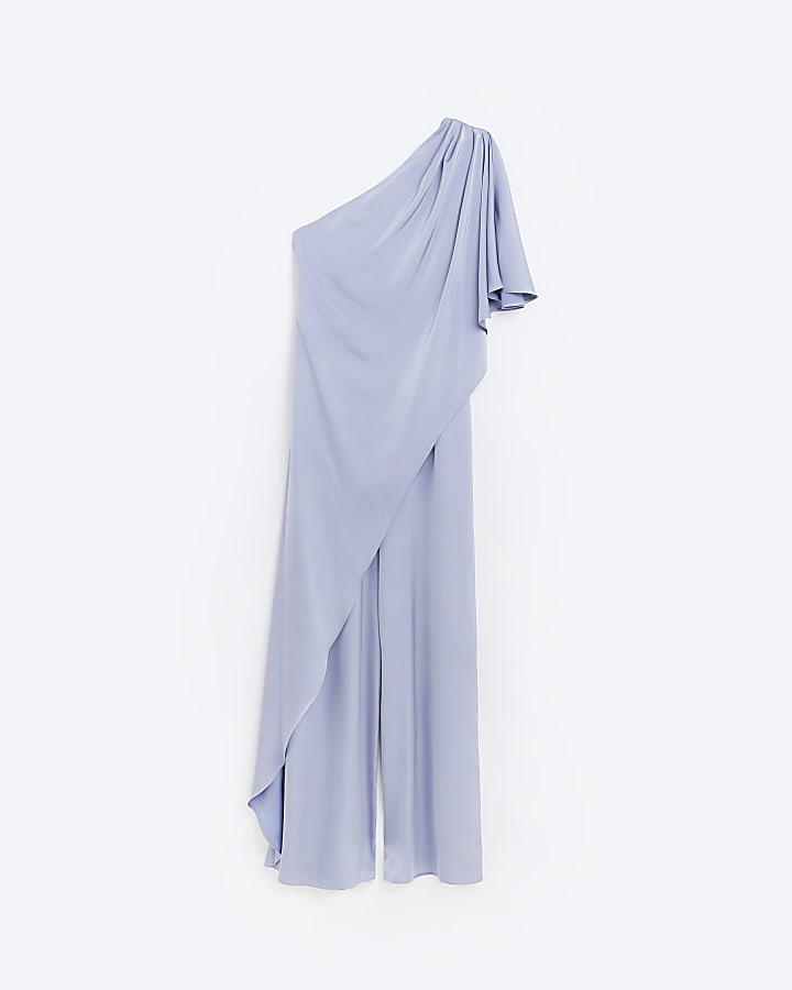 Blue Bridesmaid Drape Shoulder Jumpsuit
