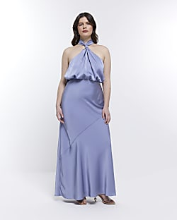 Blue Bridesmaid Halter Maxi Dress