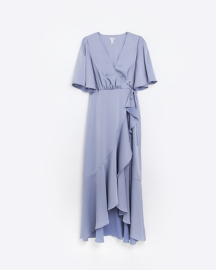 Blue Bridesmaid Waterfall Wrap Maxi Dress
