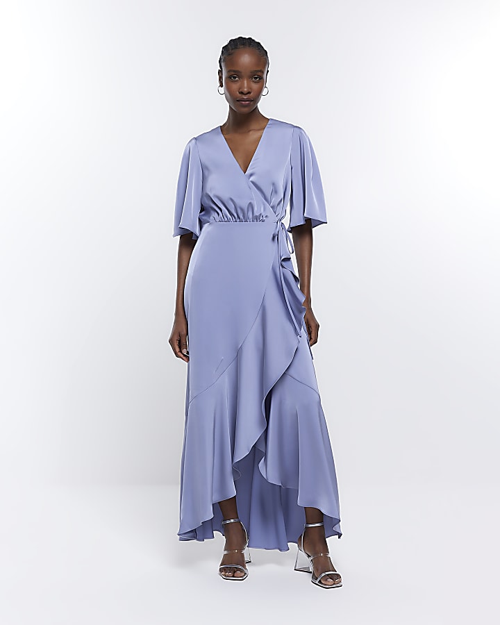 Blue Bridesmaid Waterfall Wrap Maxi Dress