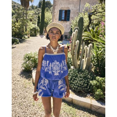 Blue Broderie Bubble Hem Shorts