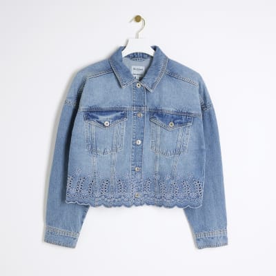 Blue broderie denim jacket River Island