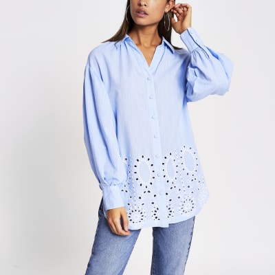 river island long sleeve broderie lace shirt dress in white