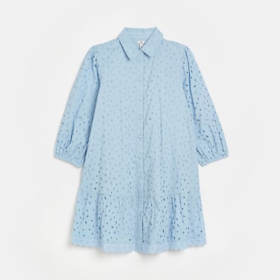 Blue broderie long sleeve mini shirt dress