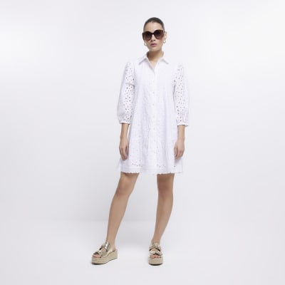 Blue broderie long sleeve mini shirt dress
