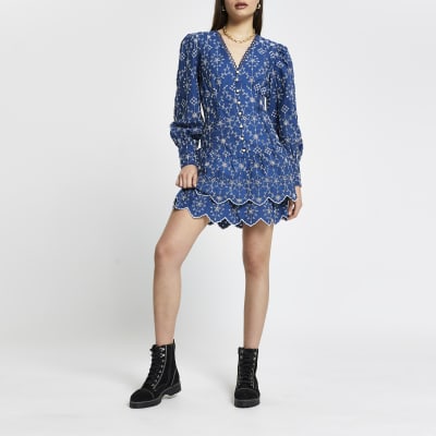 Blue broderie long sleeve mini shirt dress