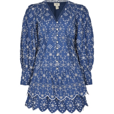 Blue broderie long sleeve mini shirt dress