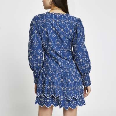 Blue broderie long sleeve mini shirt dress