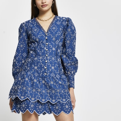 Blue broderie long sleeve mini shirt dress River Island