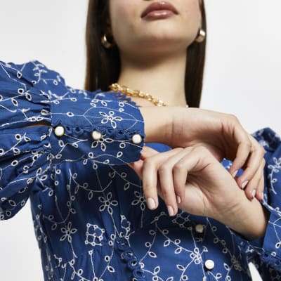 Blue broderie long sleeve mini shirt dress