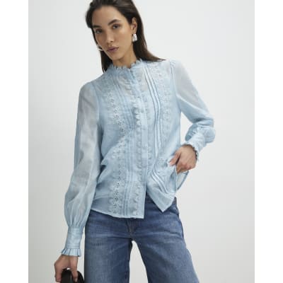 Blue Broderie Long Sleeve Shirt