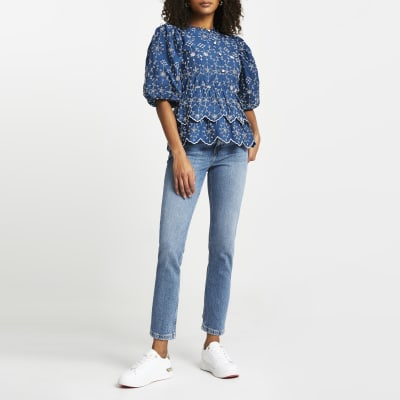 Blue broderie trim detail blouse top
