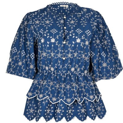 Blue broderie trim detail blouse top