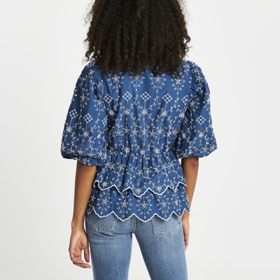 Blue broderie trim detail blouse top