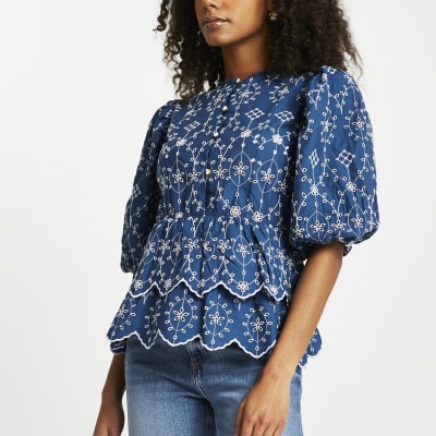 Blue broderie trim detail blouse top