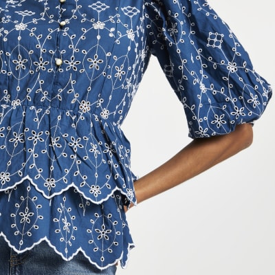 Blue broderie trim detail blouse top