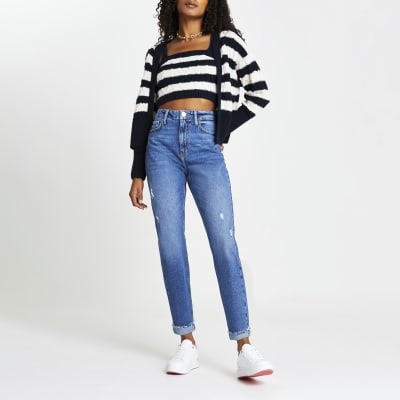 Blue Bum Sculpt Ripped High Waisted Mom Jeans River Island