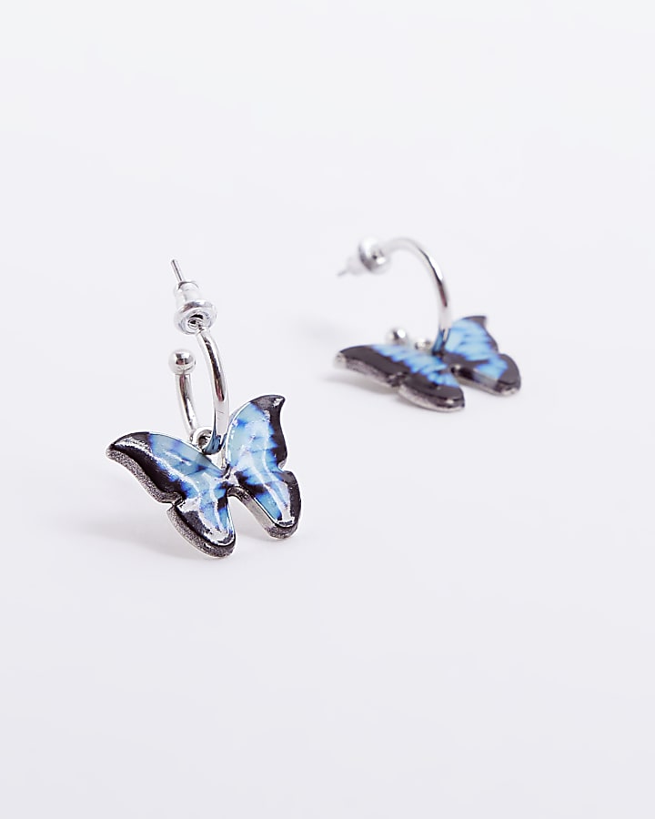 Blue butterfly drop hoop earrings