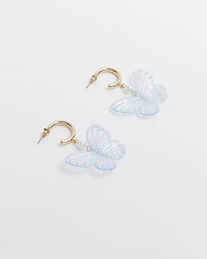 Blue butterfly drop hoop earrings