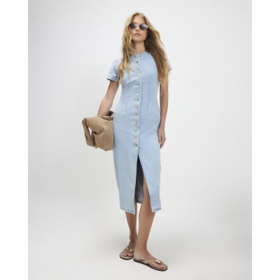 Button Cap Sleeve Denim Midi Dress