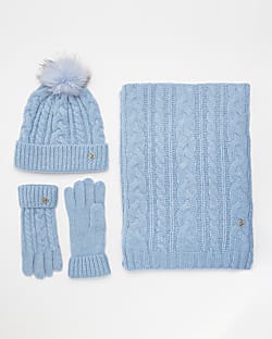 Blue cable knit hat scarf and gloves set