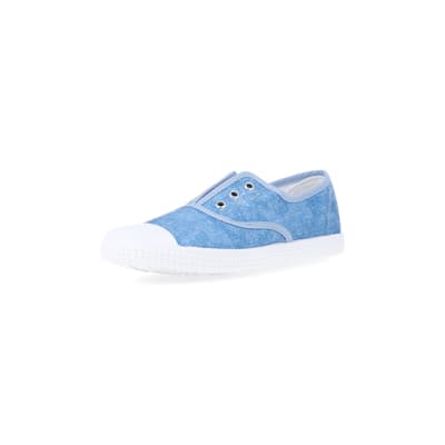 360 degree animation of product Blue canvas slip on trainers frame-0