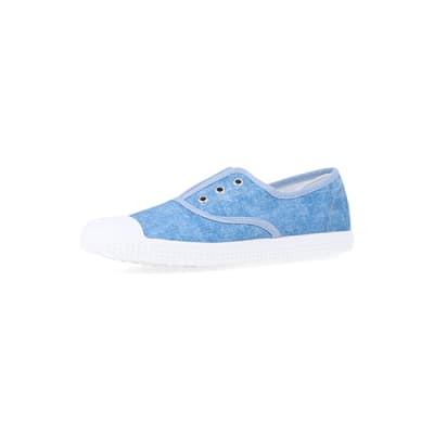 360 degree animation of product Blue canvas slip on trainers frame-1