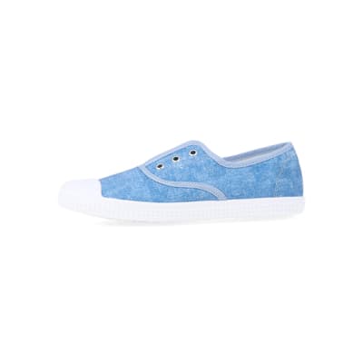 360 degree animation of product Blue canvas slip on trainers frame-2