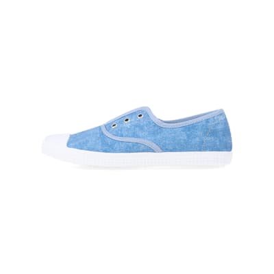 360 degree animation of product Blue canvas slip on trainers frame-3