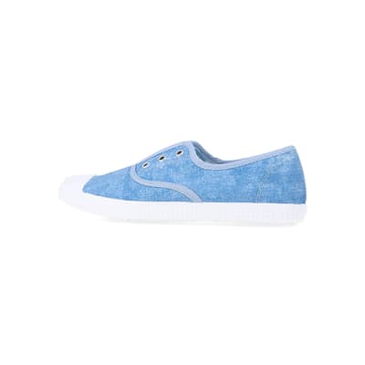 360 degree animation of product Blue canvas slip on trainers frame-4