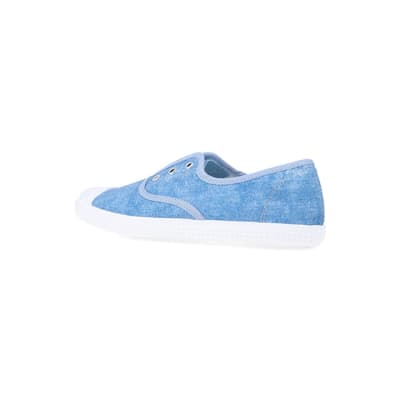 360 degree animation of product Blue canvas slip on trainers frame-5
