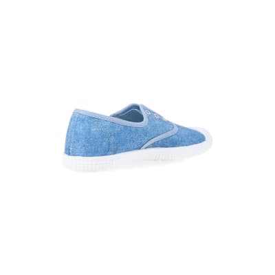 360 degree animation of product Blue canvas slip on trainers frame-12
