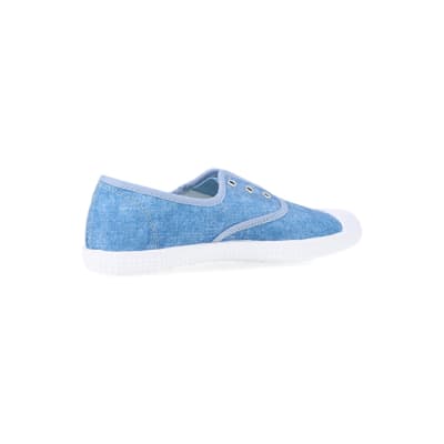 360 degree animation of product Blue canvas slip on trainers frame-13