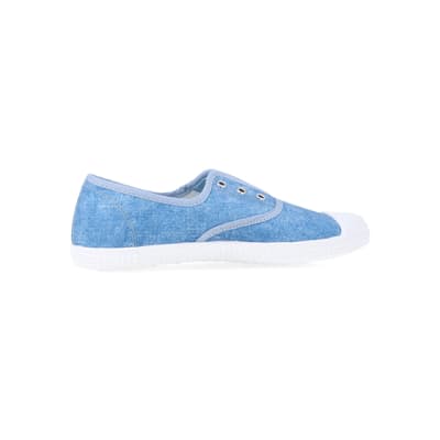 360 degree animation of product Blue canvas slip on trainers frame-14
