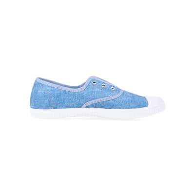 360 degree animation of product Blue canvas slip on trainers frame-15