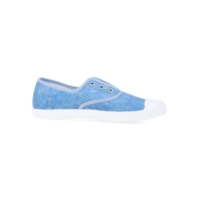 360 degree animation of product Blue canvas slip on trainers frame-16