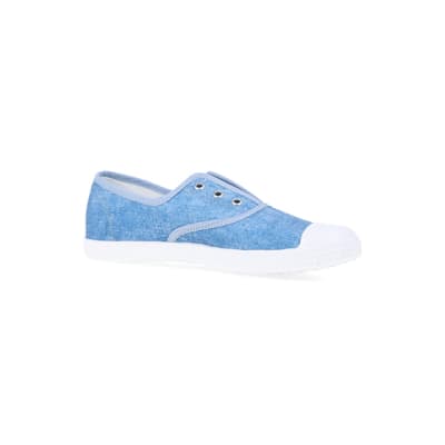 360 degree animation of product Blue canvas slip on trainers frame-17