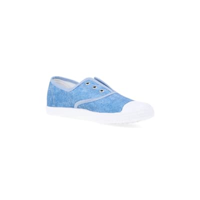 360 degree animation of product Blue canvas slip on trainers frame-18