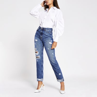 high waisted blue ripped mom jeans