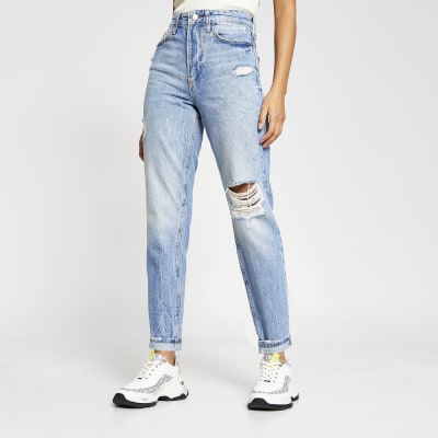 Blue Carrie ripped detail jeans | River Island