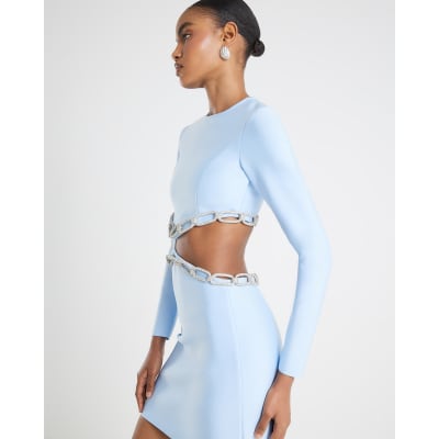 Blue Chain Detail Cut out Mini Dress