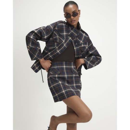 River Island Blue Check A-line Mini Skirt