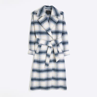 Blue Check Belted Coat | River Island