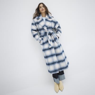 Blue Check Belted Coat River Island