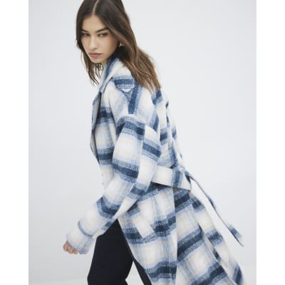 Blue Check Belted Coat | River Island